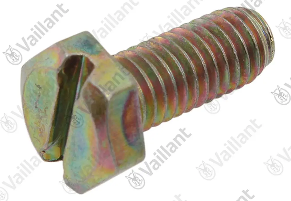 Vaillant Sechskantschraube mit gerilltem Schaft und Schlitzkopf. Sichtbare metallische Oberfläche mit bunter Beschichtung.